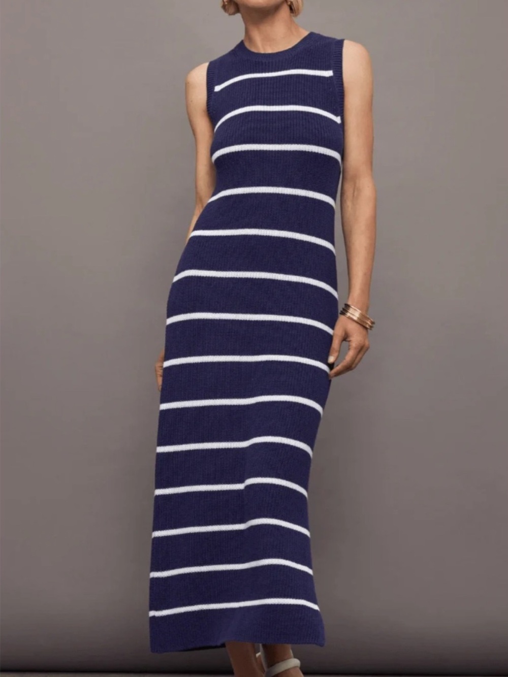 525 Striped Blue Emma Sleeveless Navy and White Striped Knit Maxi Dress